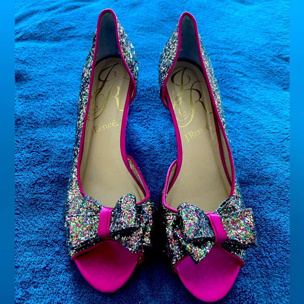 Kate Spade Style Glittery peep toe 2” wedges so 10